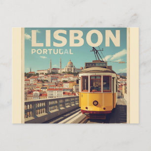 Lisbon Portugal skyline - Vintage tram Travel Art Postcard