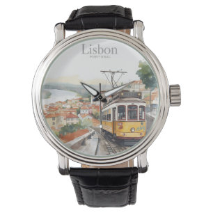 Lisbon Portugal skyline - Vintage tram Travel Art Watch
