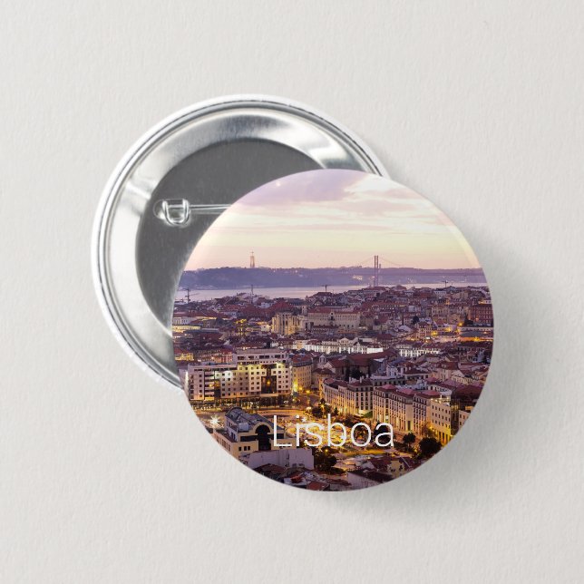 Lisbon Portugal Sunset Skyline Cityscape Souvenir Button (Front & Back)