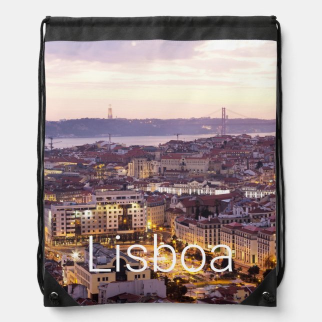 Lisbon Portugal Sunset Skyline Cityscape Souvenir Drawstring Bag (Front)