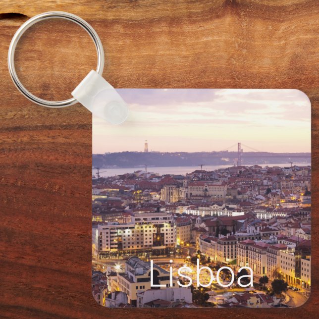 Lisbon Portugal Sunset Skyline Cityscape Souvenir Keychain (Front)
