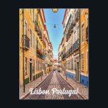 Lisbon Portugal vintage  Postcard<br><div class="desc">A vibrant and colorful illustration of a charming cobblestone street in Lisbon, Portugal. The buildings are painted in bright shades of yellow, orange, and blue, with ornate balconies and wrought iron railings. The street is lined with lampposts and features tram tracks running down the center. The overall atmosphere is inviting...</div>
