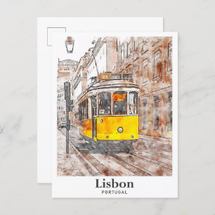 Lisbon Portugal Watercolor Hand Drawn Postcard