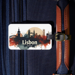 Lisbon Portugal watercolor skyline -Travel Art Luggage Tag