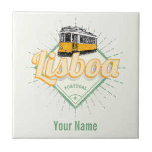 Lisbon Portugal with Retro Tram Vintage Holiday Ceramic Tile