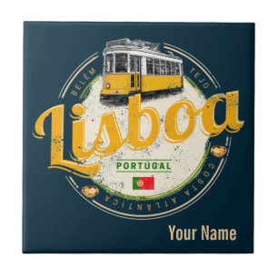 Lisbon Portugal with Retro Tram Vintage Souvenir Ceramic Tile