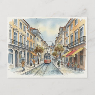 Lisbon Portugal Yellow Tram on street Travel Postcard