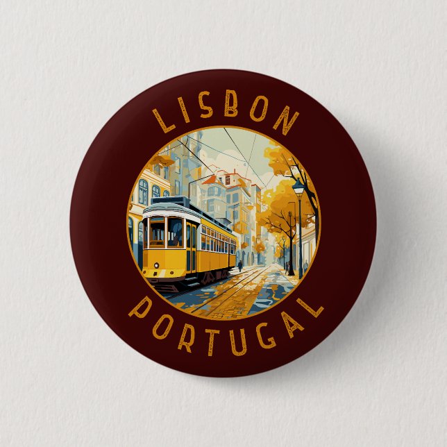 Lisbon Portugal Yellow Tram Retro Distressed Button (Front)
