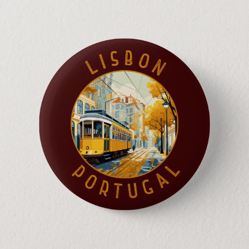 Lisbon Portugal Yellow Tram Retro Distressed Button