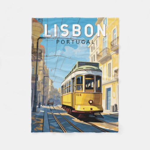 Lisbon Portugal Yellow Tram Travel Art Vintage Fleece Blanket