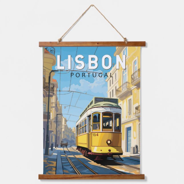 Lisbon Portugal Yellow Tram Travel Art Vintage Hanging Tapestry (Front)
