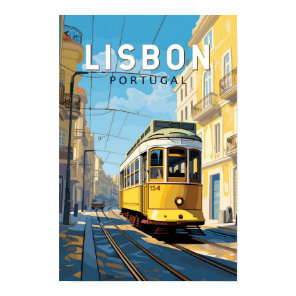 Lisbon Portugal Yellow Tram Travel Art Vintage Poster