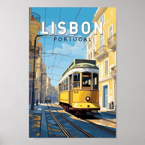 Lisbon Portugal Yellow Tram Travel Art Vintage Poster