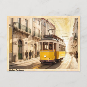 Lisbon Portugal Yellow Tram Vintage Postcard