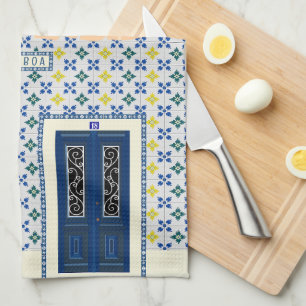 Lisbon Portuguese house with tiles and bird Kitchen Towel