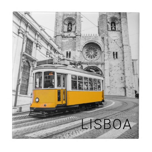 Lisbon Retro Tram Portugal Vintage Streetcar Ceramic Tile