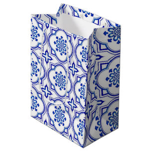 Lisbon Royale Classic Blue and White Geometric  Medium Gift Bag