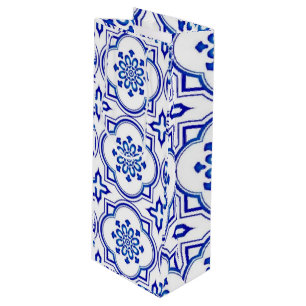 Lisbon Royale Classic Blue and White Geometric  Wine Gift Bag