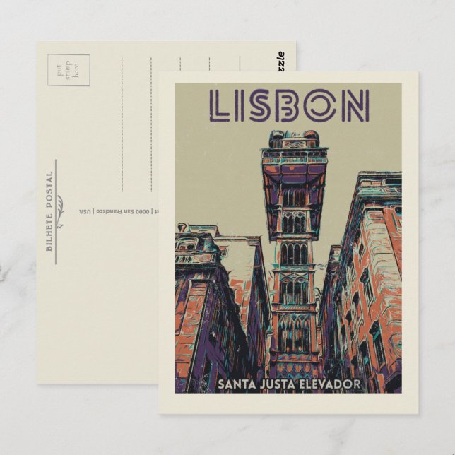 Lisbon Santa Justa elevator illustration Portugal Postcard (Front/Back)