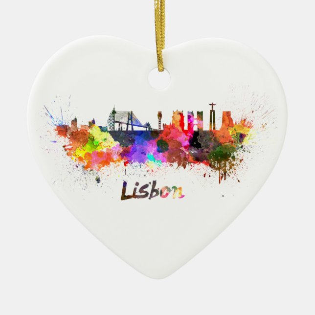 Lisbon skyline in watercolor ceramic ornament (Front)