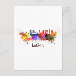 Lisbon skyline in watercolor postcard