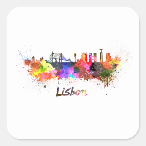 Lisbon skyline in watercolor square sticker