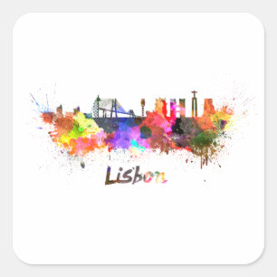 Lisbon skyline in watercolor square sticker