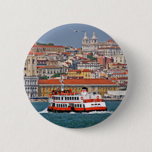 Lisbon skyline with old ferry on Tagus river  Button