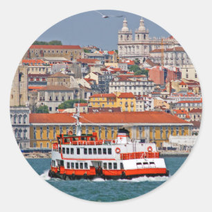 Lisbon skyline with old ferry on Tagus river Classic Round Sticker