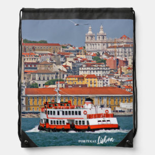 Lisbon skyline with old ferry on Tagus river Drawstring Bag