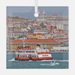 Lisbon skyline with old ferry on Tagus river Glass Ornament