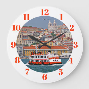 Lisbon skyline with old ferry on Tagus river Large Clock