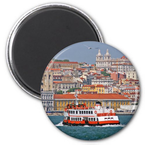 Lisbon skyline with old ferry on Tagus river  Magnet