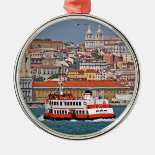 Lisbon skyline with old ferry on Tagus river Metal Ornament