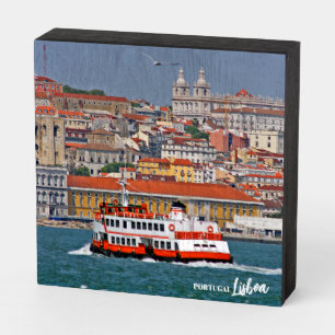Lisbon skyline with old ferry on Tagus river Wooden Box Sign