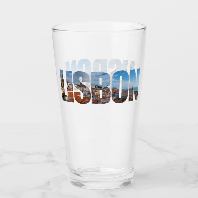 Lisbon text composed of old town panoramic view glass (Front)