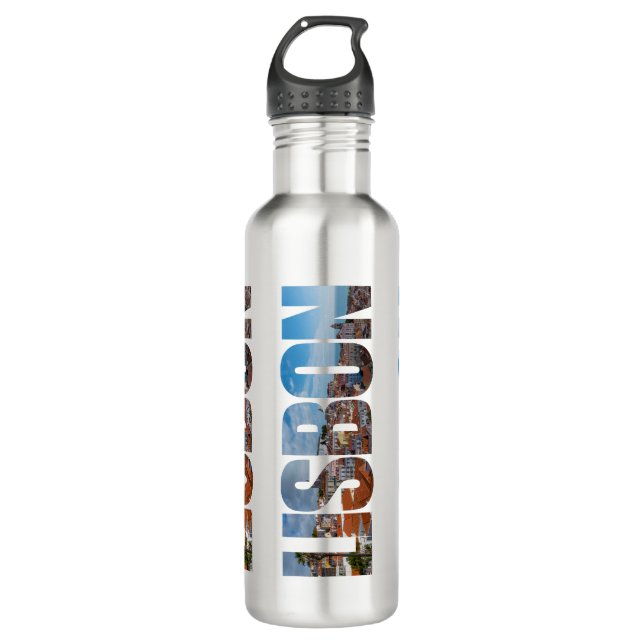 Lisbon text composed of old town panoramic view stainless steel water bottle (Front)