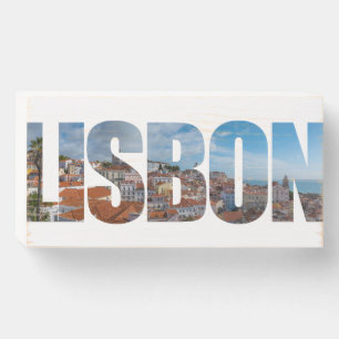 Lisbon text composed of old town panoramic view wooden box sign