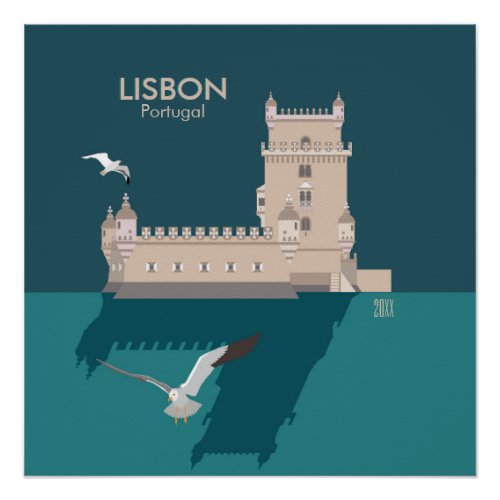 Lisbon Tower of Belem in vintage poster style
