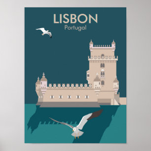 Lisbon Tower of Belem in vintage poster style