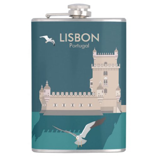 Lisbon Tower of Belem in vintage poster style Flask