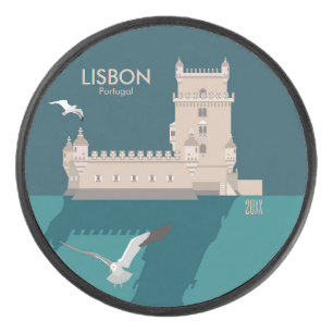Lisbon Tower of Belem in vintage poster style Hockey Puck