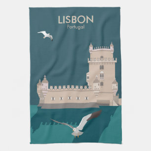 Lisbon Tower of Belem in vintage poster style Kitchen Towel