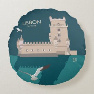 Lisbon Tower of Belem in vintage poster style Round Pillow