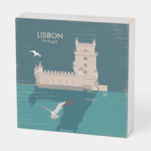 Lisbon Tower of Belem in vintage poster style Wooden Box Sign