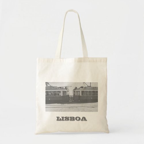 Lisbon trams with writing tote bag