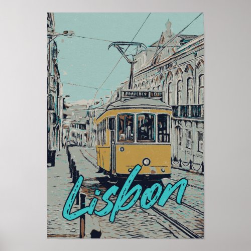 Lisbon tramway street illustration Portugal Poster