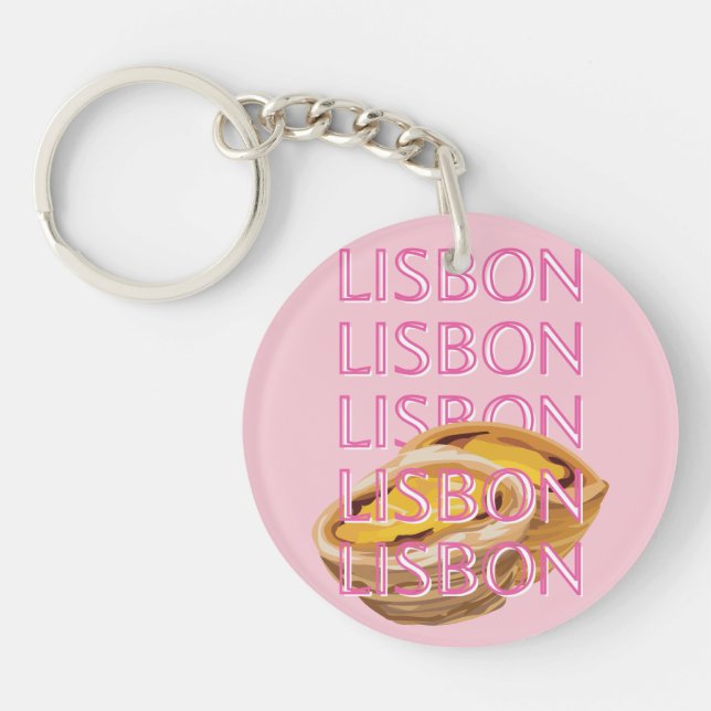 Lisbon Travel Art, Portugal, Pink, Preppy Keychain (Front)