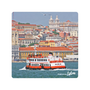 Lisbon view with old ferry on Tagus river Metal Print