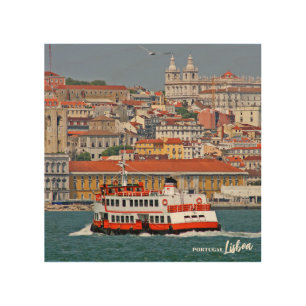 Lisbon view with old ferry on Tagus river Wood Wall Art